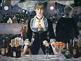 Courtauld 02-1 Edouard Manet - A Bar at the Folies-Bergere 2. Edouard Manet - A Bar at the Folies-Bergere. 1881-2, 96 x 130 cm. This painting was voted #3 in the 2005 BBC Greatest Painting in Britain Poll. It shows the interior of one of the most fashionable cafe-concerts in Paris. Manet distorts the mirror image - the barmaid is separated too far from her reflection; the customer with a bowler hat and cane is shown in the reflection close to the barmaid, and the placing of the bottles in the reflection does not correspond to their position on the bar in the foreground.